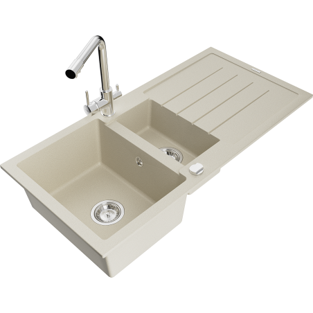 Mexen Andres zlewozmywak granitowy 1,5-komorowy z ociekaczem i baterią kuchenną Duero, beżowy - 6515-69-671600-00