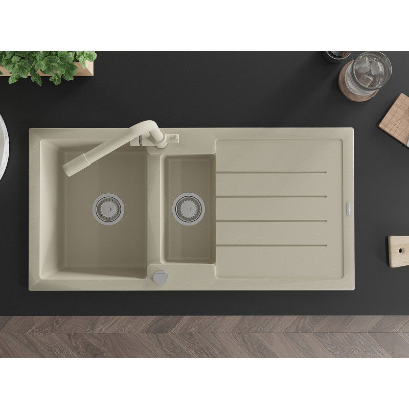 Mexen Andres zlewozmywak granitowy 1,5-komorowy z ociekaczem i baterią kuchenną Duero, beżowy - 6515-69-671600-69