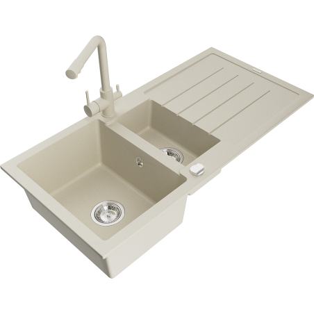 Mexen Andres zlewozmywak granitowy 1,5-komorowy z ociekaczem i baterią kuchenną Duero, beżowy - 6515-69-671600-69