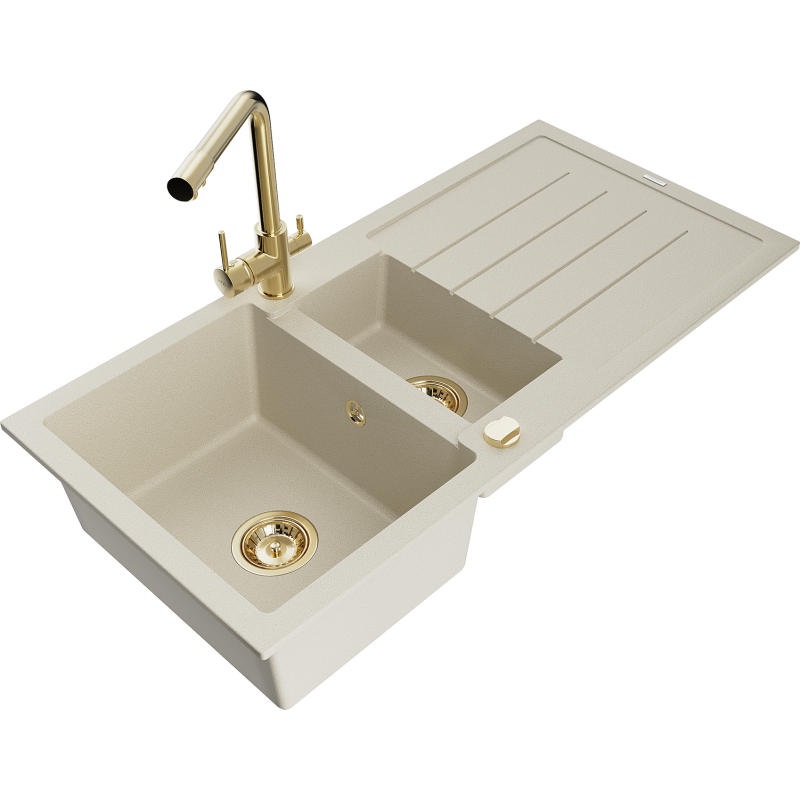 Mexen Andres zlewozmywak granitowy 1,5-komorowy z ociekaczem i baterią kuchenną Duero, beżowy - 6515-69-671600-50