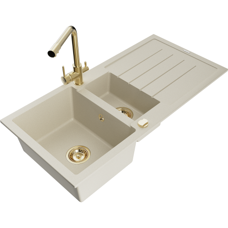 Mexen Andres zlewozmywak granitowy 1,5-komorowy z ociekaczem i baterią kuchenną Duero, beżowy - 6515-69-671600-50