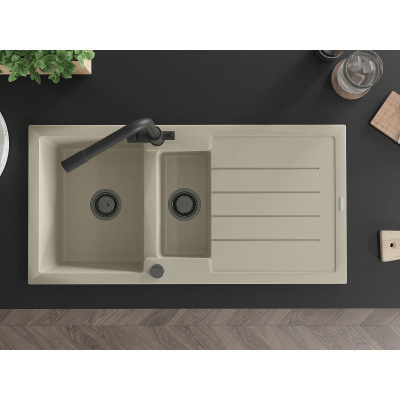 Mexen Andres zlewozmywak granitowy 1,5-komorowy z ociekaczem i baterią kuchenną Duero, beżowy - 6515-69-671600-70