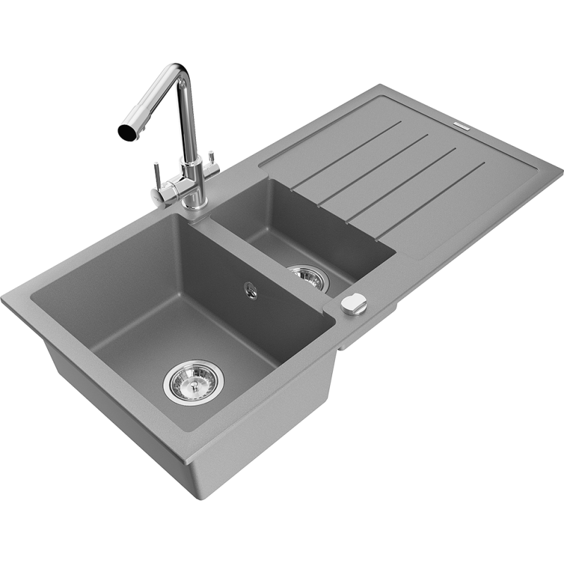 Mexen Andres zlewozmywak granitowy 1,5-komorowy z ociekaczem i baterią kuchenną Duero, szary - 6515-71-671600-00