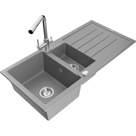 Mexen Andres zlewozmywak granitowy 1,5-komorowy z ociekaczem i baterią kuchenną Duero, szary - 6515-71-671600-00