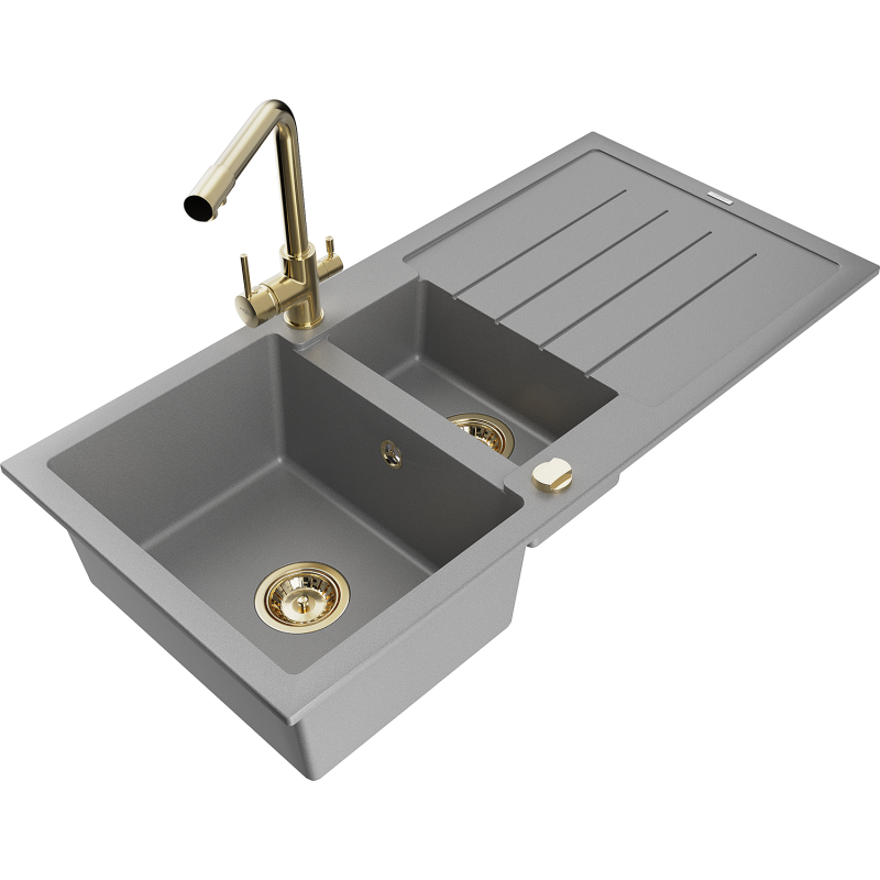 Mexen Andres zlewozmywak granitowy 1,5-komorowy z ociekaczem i baterią kuchenną Duero, szary - 6515-71-671600-50