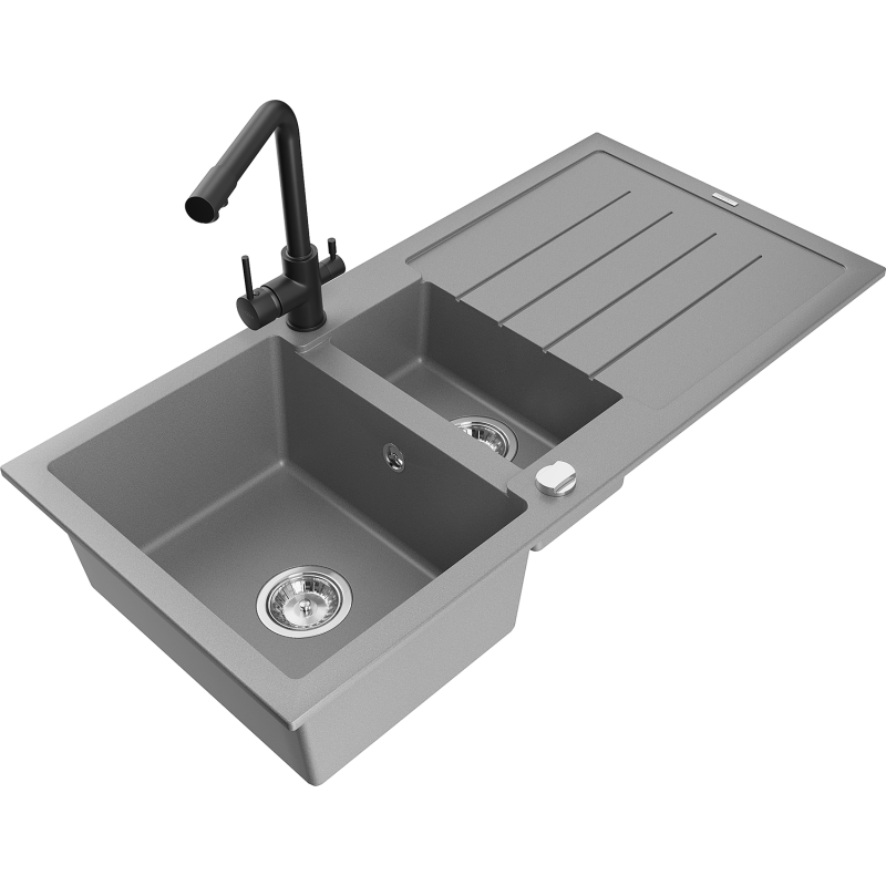 Mexen Andres zlewozmywak granitowy 1,5-komorowy z ociekaczem i baterią kuchenną Duero, szary - 6515-71-671600-70