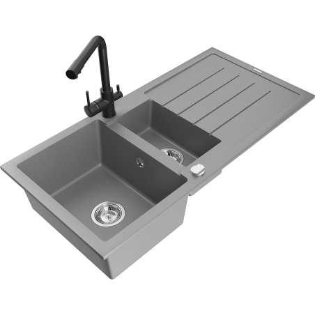 Mexen Andres zlewozmywak granitowy 1,5-komorowy z ociekaczem i baterią kuchenną Duero, szary - 6515-71-671600-70