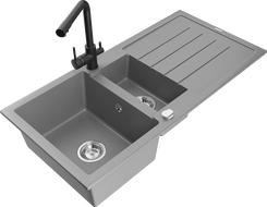 Mexen Andres zlewozmywak granitowy 1,5-komorowy z ociekaczem i baterią kuchenną Duero, szary - 6515-71-671600-70