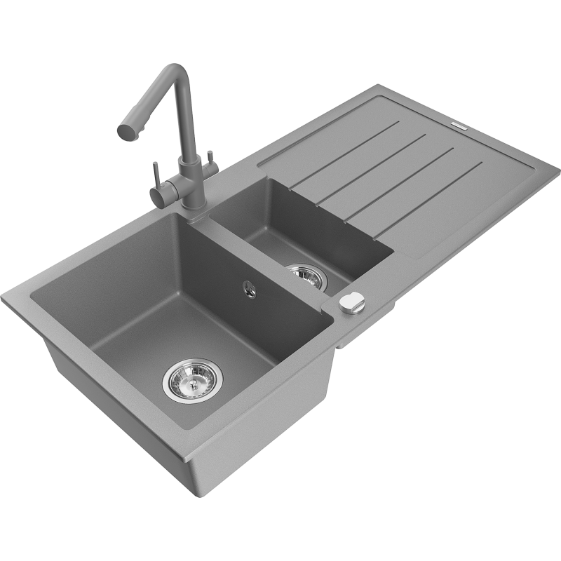 Mexen Andres zlewozmywak granitowy 1,5-komorowy z ociekaczem i baterią kuchenną Duero, szary - 6515-71-671600-71