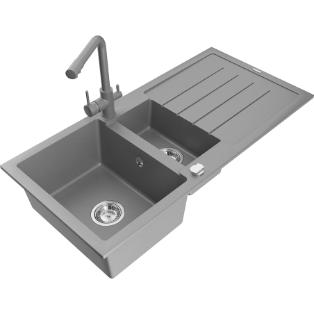 Mexen Andres zlewozmywak granitowy 1,5-komorowy z ociekaczem i baterią kuchenną Duero, szary - 6515-71-671600-71
