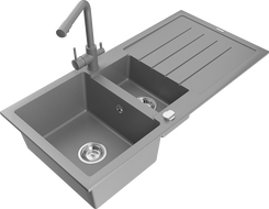 Mexen Andres zlewozmywak granitowy 1,5-komorowy z ociekaczem i baterią kuchenną Duero, szary - 6515-71-671600-71