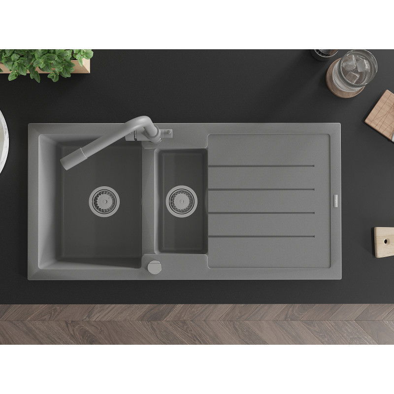 Mexen Andres zlewozmywak granitowy 1,5-komorowy z ociekaczem i baterią kuchenną Duero, szary - 6515-71-671600-71