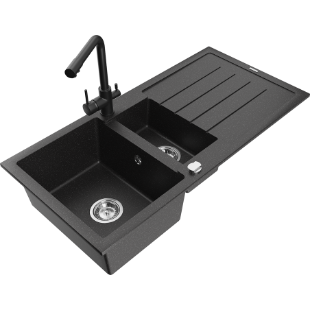 Mexen Andres zlewozmywak granitowy 1,5-komorowy z ociekaczem i baterią kuchenną Duero, czarny/srebrny - 6515-73-671600-70