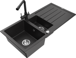 Mexen Andres zlewozmywak granitowy 1,5-komorowy z ociekaczem i baterią kuchenną Duero, czarny/srebrny - 6515-73-671600-70