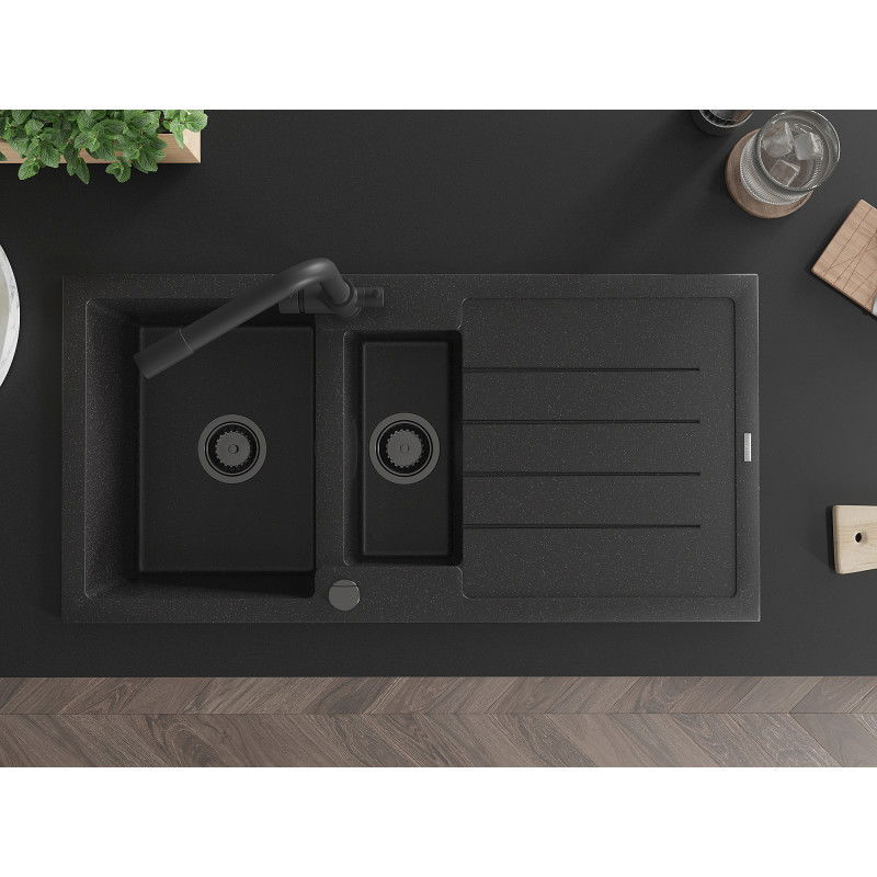 Mexen Andres zlewozmywak granitowy 1,5-komorowy z ociekaczem i baterią kuchenną Duero, czarny/srebrny - 6515-73-671600-70-B