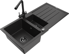 Mexen Andres zlewozmywak granitowy 1,5-komorowy z ociekaczem i baterią kuchenną Duero, czarny/srebrny - 6515-73-671600-70-B