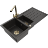 Mexen Andres zlewozmywak granitowy 1,5-komorowy z ociekaczem i baterią kuchenną Duero, czarny/złoty - 6515-75-671600-50