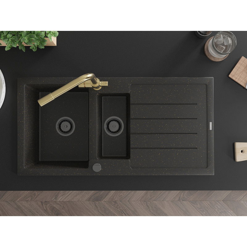 Mexen Andres zlewozmywak granitowy 1,5-komorowy z ociekaczem i baterią kuchenną Duero, czarny/złoty - 6515-75-671600-50-B