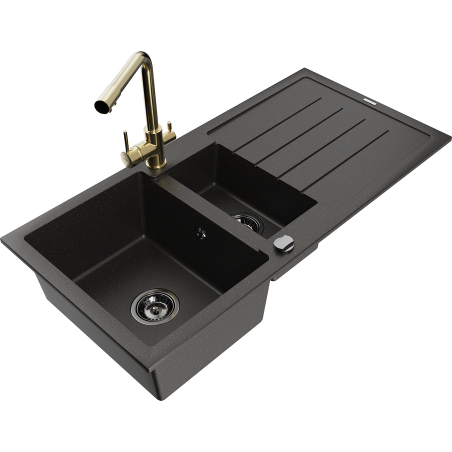 Mexen Andres zlewozmywak granitowy 1,5-komorowy z ociekaczem i baterią kuchenną Duero, czarny/złoty - 6515-75-671600-50-B