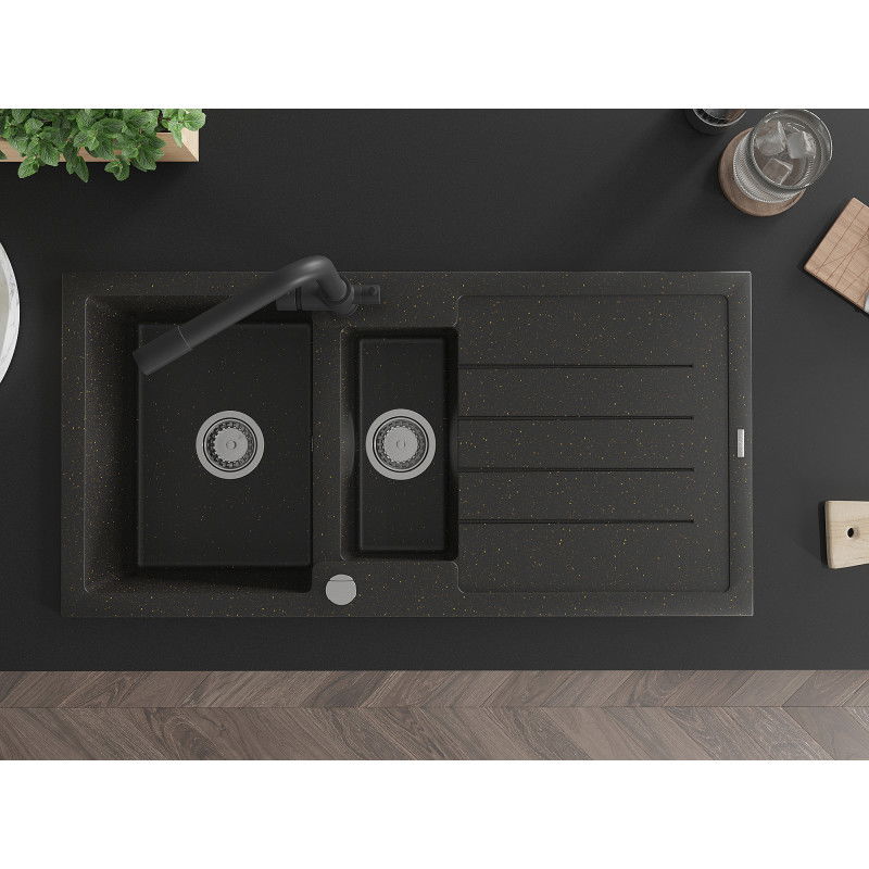 Mexen Andres zlewozmywak granitowy 1,5-komorowy z ociekaczem i baterią kuchenną Duero, czarny/złoty - 6515-75-671600-70