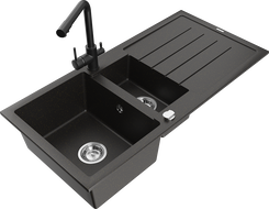 Mexen Andres zlewozmywak granitowy 1,5-komorowy z ociekaczem i baterią kuchenną Duero, czarny/złoty - 6515-75-671600-70