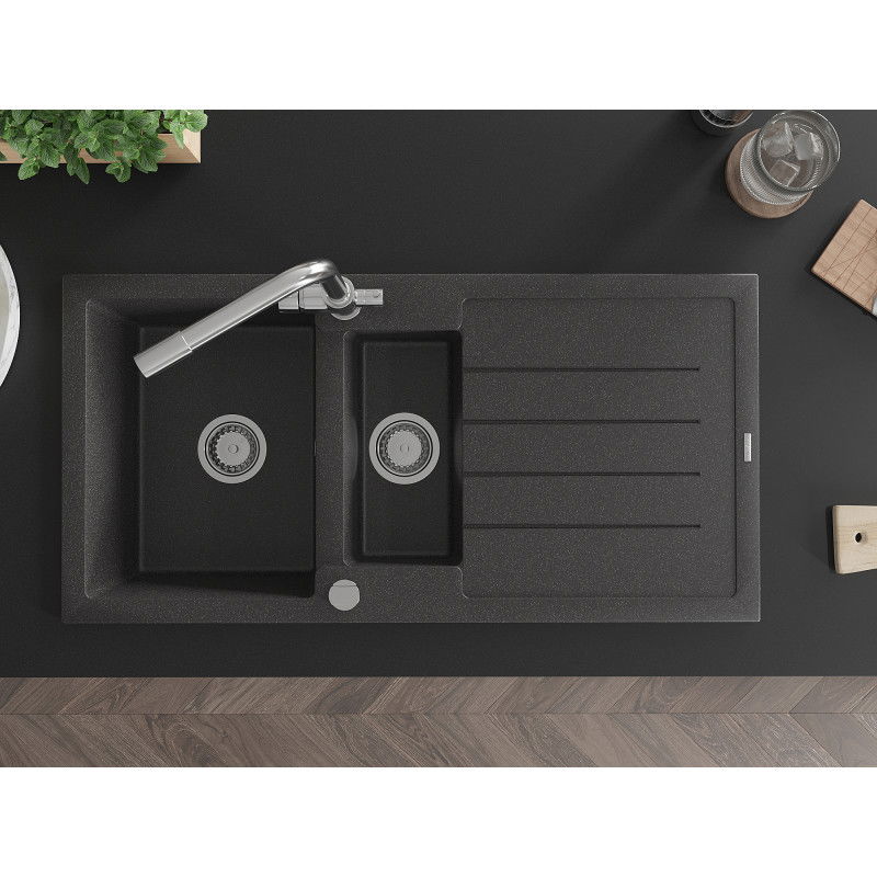 Mexen Andres zlewozmywak granitowy 1,5-komorowy z ociekaczem i baterią kuchenną Duero, czarny nakrapiany - 6515-76-671600-00