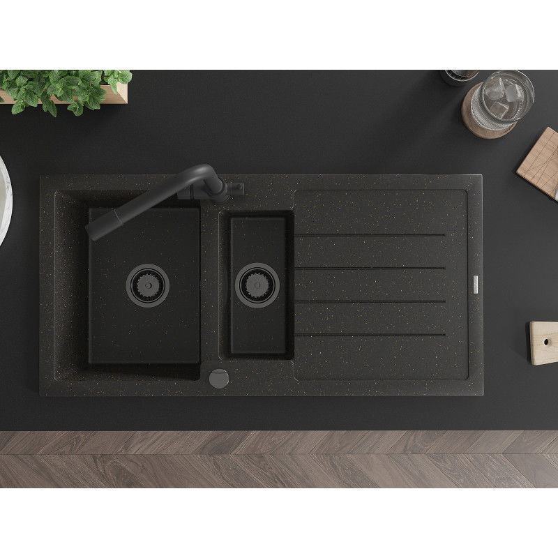 Mexen Andres zlewozmywak granitowy 1,5-komorowy z ociekaczem i baterią kuchenną Duero, czarny/złoty - 6515-75-671600-70-B