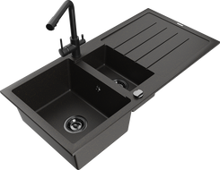 Mexen Andres zlewozmywak granitowy 1,5-komorowy z ociekaczem i baterią kuchenną Duero, czarny/złoty - 6515-75-671600-70-B