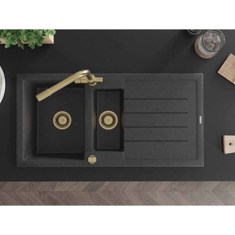 Mexen Andres zlewozmywak granitowy 1,5-komorowy z ociekaczem i baterią kuchenną Duero, czarny nakrapiany - 6515-76-671600-50