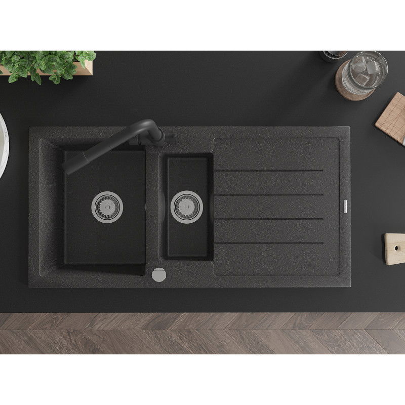 Mexen Andres zlewozmywak granitowy 1,5-komorowy z ociekaczem i baterią kuchenną Duero, czarny nakrapiany - 6515-76-671600-70