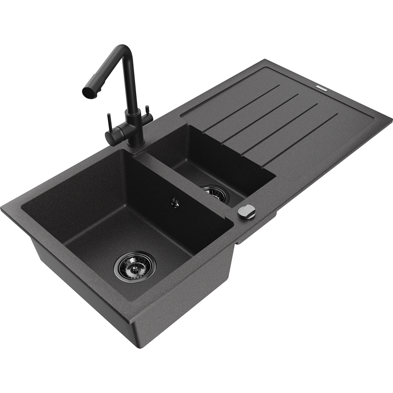 Mexen Andres zlewozmywak granitowy 1,5-komorowy z ociekaczem i baterią kuchenną Duero, czarny nakrapiany - 6515-76-671600-70-B