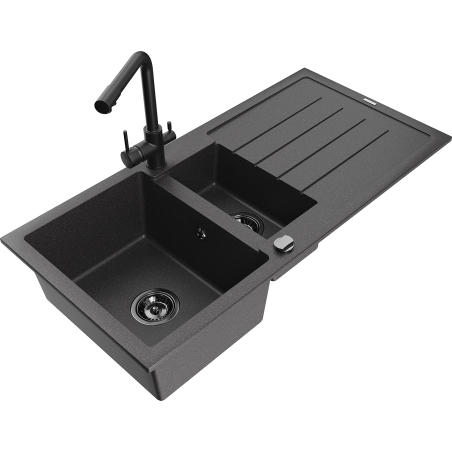 Mexen Andres zlewozmywak granitowy 1,5-komorowy z ociekaczem i baterią kuchenną Duero, czarny nakrapiany - 6515-76-671600-70-B
