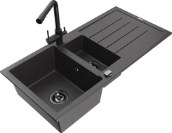 Mexen Andres zlewozmywak granitowy 1,5-komorowy z ociekaczem i baterią kuchenną Duero, czarny nakrapiany - 6515-76-671600-70-B