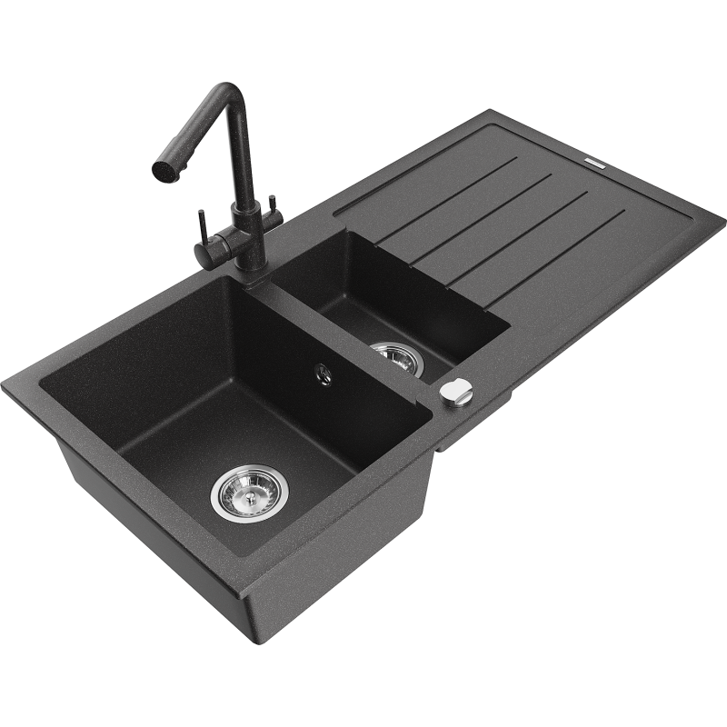 Mexen Andres zlewozmywak granitowy 1,5-komorowy z ociekaczem i baterią kuchenną Duero, czarny nakrapiany - 6515-76-671600-76