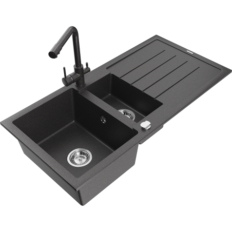 Mexen Andres zlewozmywak granitowy 1,5-komorowy z ociekaczem i baterią kuchenną Duero, czarny nakrapiany - 6515-76-671600-76
