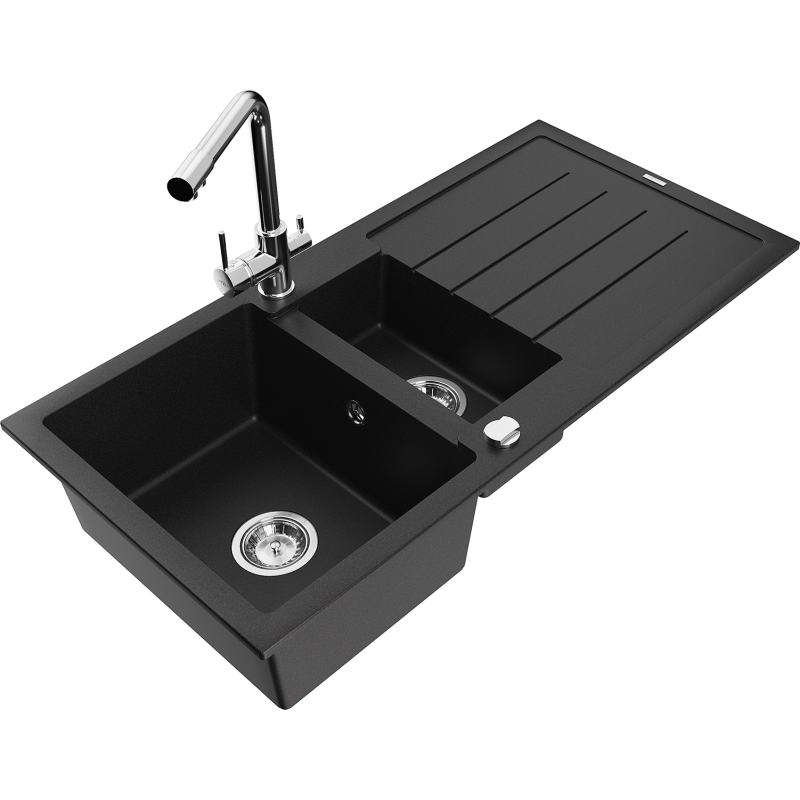 Mexen Andres zlewozmywak granitowy 1,5-komorowy z ociekaczem i baterią kuchenną Duero, czarny - 6515-77-671600-00