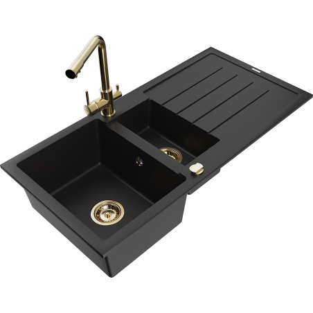 Mexen Andres zlewozmywak granitowy 1,5-komorowy z ociekaczem i baterią kuchenną Duero, czarny - 6515-77-671600-50