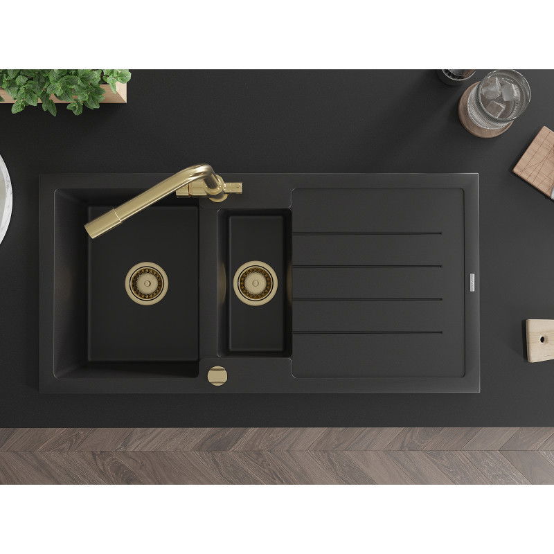 Mexen Andres zlewozmywak granitowy 1,5-komorowy z ociekaczem i baterią kuchenną Duero, czarny - 6515-77-671600-50