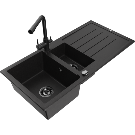 Mexen Andres zlewozmywak granitowy 1,5-komorowy z ociekaczem i baterią kuchenną Duero, czarny - 6515-77-671600-70-B