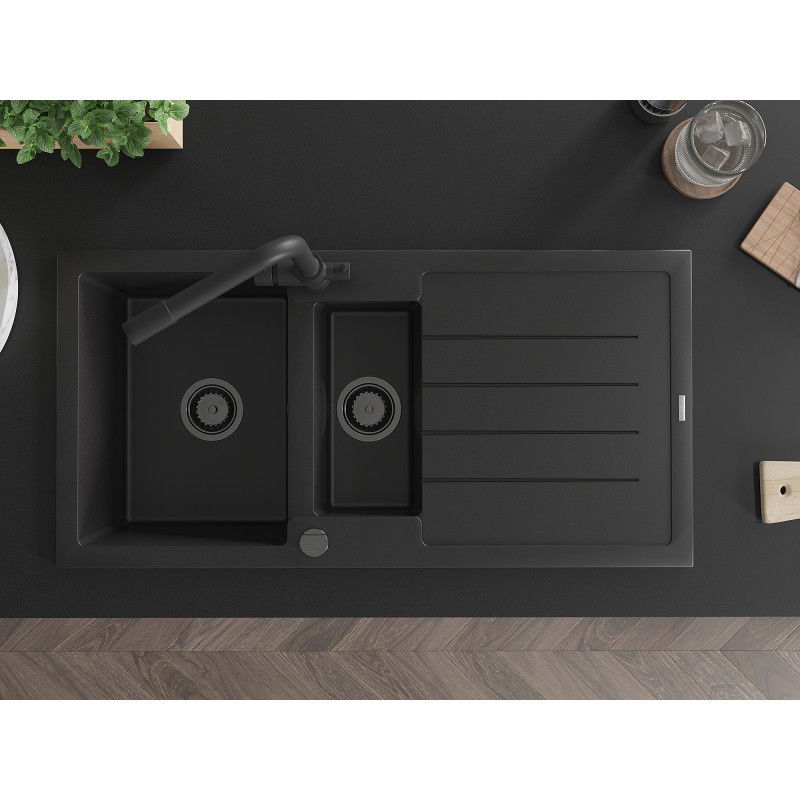 Mexen Andres zlewozmywak granitowy 1,5-komorowy z ociekaczem i baterią kuchenną Duero, czarny - 6515-77-671600-70-B