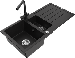 Mexen Andres zlewozmywak granitowy 1,5-komorowy z ociekaczem i baterią kuchenną Duero, czarny - 6515-77-671600-70