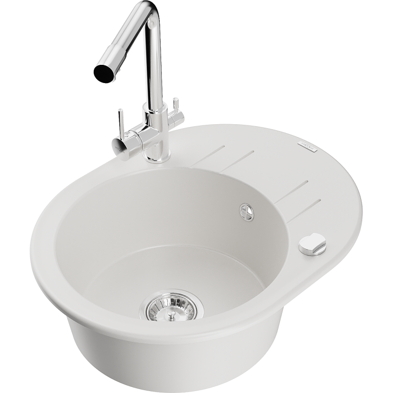 Mexen Kevin zlewozmywak granitowy 1-komorowy z ociekaczem i baterią kuchenną Duero, biały - 6517-20-671600-00