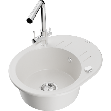 Mexen Kevin zlewozmywak granitowy 1-komorowy z ociekaczem i baterią kuchenną Duero, biały - 6517-20-671600-00