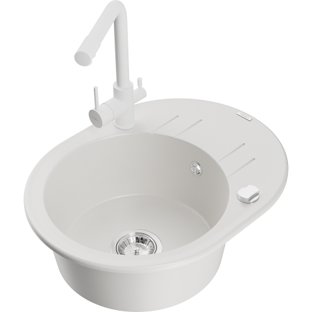 Mexen Kevin zlewozmywak granitowy 1-komorowy z ociekaczem i baterią kuchenną Duero, biały - 6517-20-671600-20