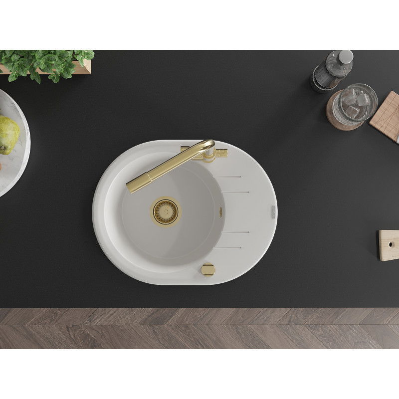 Mexen Kevin zlewozmywak granitowy 1-komorowy z ociekaczem i baterią kuchenną Duero, biały - 6517-20-671600-50