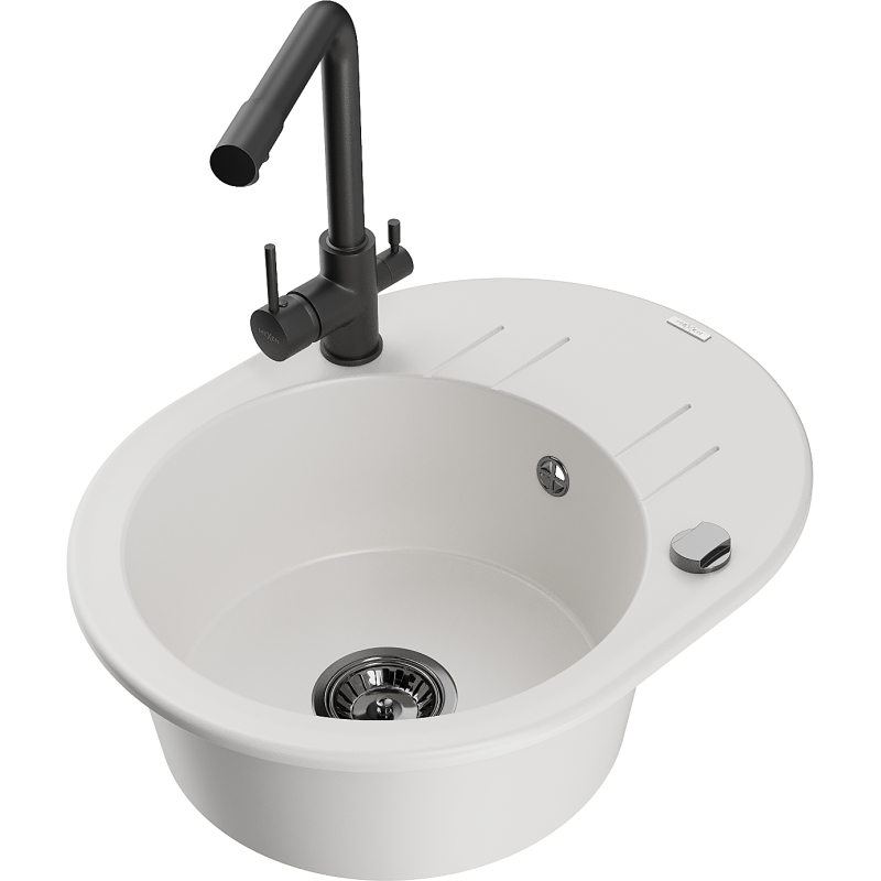 Mexen Kevin zlewozmywak granitowy 1-komorowy z ociekaczem i baterią kuchenną Duero, biały - 6517-20-671600-70