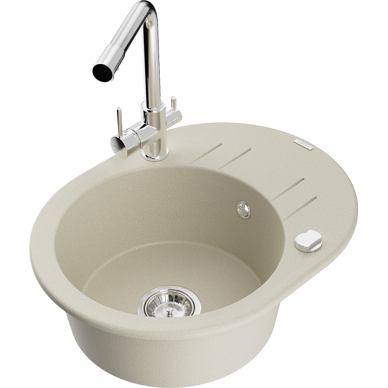 Mexen Kevin zlewozmywak granitowy 1-komorowy z ociekaczem i baterią kuchenną Duero, beżowy - 6517-69-671600-00