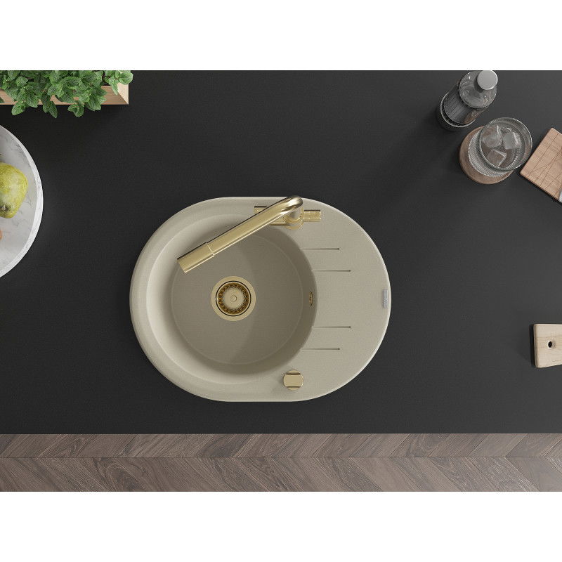 Mexen Kevin zlewozmywak granitowy 1-komorowy z ociekaczem i baterią kuchenną Duero, beżowy - 6517-69-671600-50