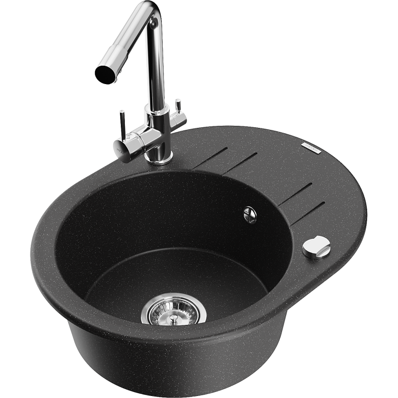 Mexen Kevin zlewozmywak granitowy 1-komorowy z ociekaczem i baterią kuchenną Duero, czarny/srebrny metalik - 6517-73-671600-00