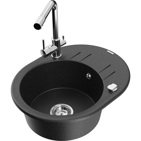 Mexen Kevin zlewozmywak granitowy 1-komorowy z ociekaczem i baterią kuchenną Duero, czarny/srebrny metalik - 6517-73-671600-00